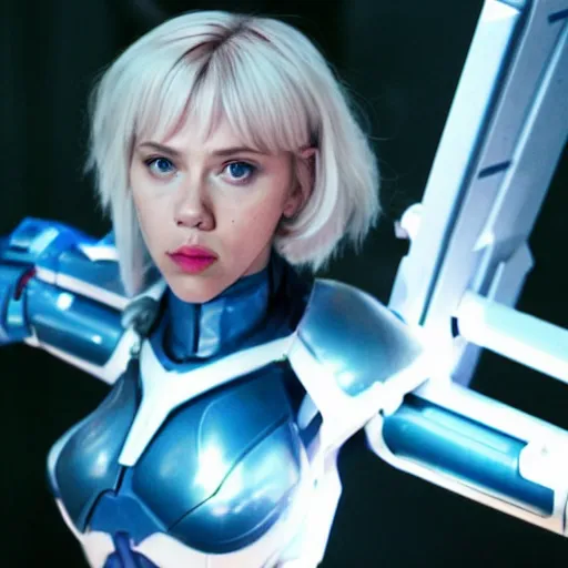 Image similar to still of Scarlett Johansson cosplaying as Rei Ayanami