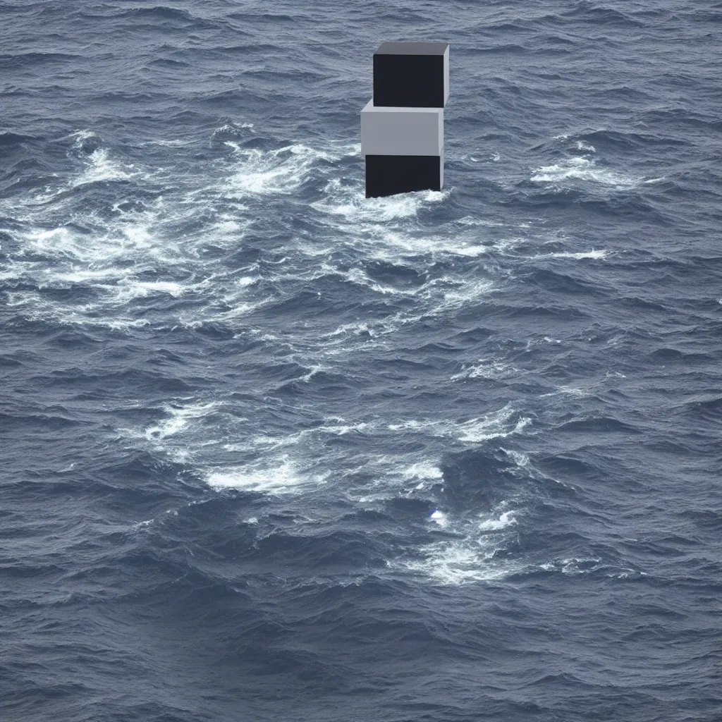 Image similar to a cube in the middle of the sea with images of a tumultuous sea on its sides. in the style of Richard Serra