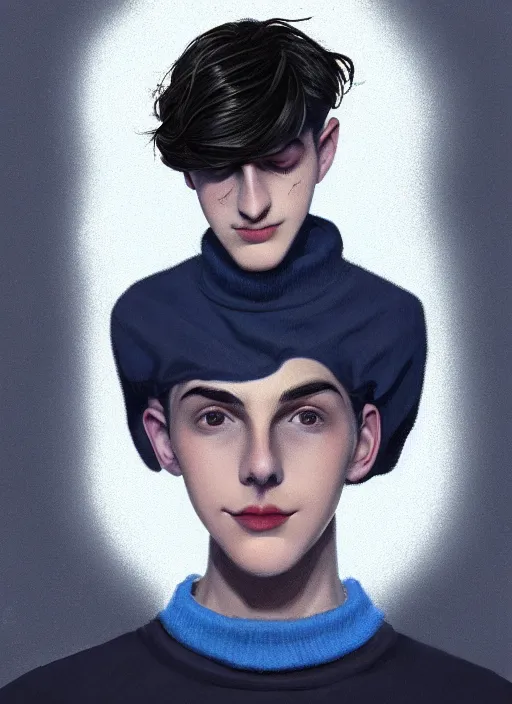 Image similar to portrait of teenage jughead jones wearing a light grey crown, crown, blue turtleneck, 1 9 5 0 s, closed eyes, photorealistic, black hair, glowing lighting, intricate, elegant, glowing lights, highly detailed, digital painting, artstation, concept art, smooth, sharp focus, illustration, art by wlop, mars ravelo and greg rutkowski