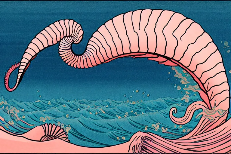 Prompt: ukiyoe painting of in a cambrian era ocean swims a nautilus above pink sand, trending on artstation