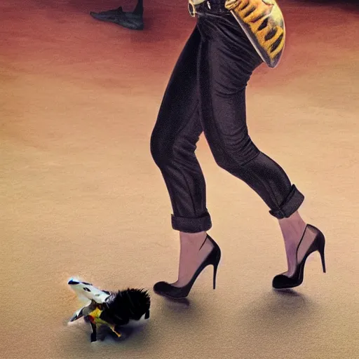 Image similar to Amber heard physically stepping ,steps on a tiny bee, photorealism, fake