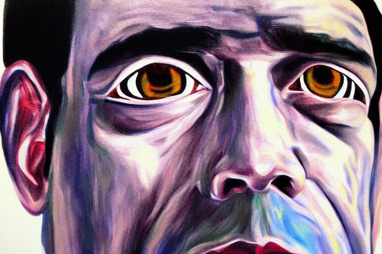 Image similar to frank the ai painter self portrait, detailed eyes, photorealistic