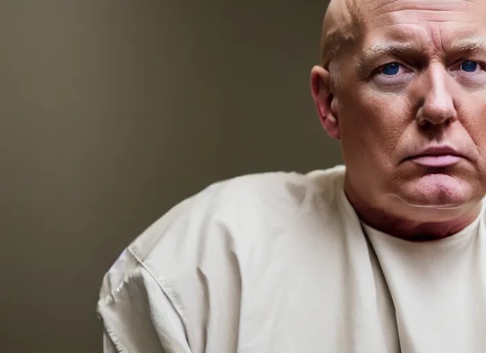 Prompt: photo of bald!!! donald trump!!! shaved head no hair!!! no hair!!! sitting in a jail cell wearing an orange jumpsuit, defocused bars in the foreground, 8 k, 8 5 mm f 1. 8