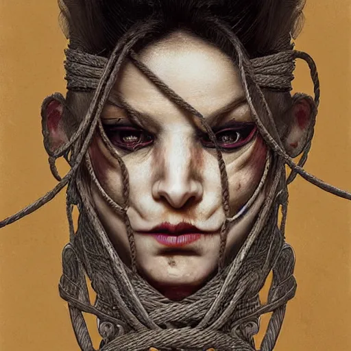 Image similar to portrait of a Shibari rope wrapped face and neck, headshot, insanely nice professional hair style, dramatic hair color, digital painting, of a old 15th century, old cyborg merchant, amber jewels, baroque, ornate clothing, scifi, realistic, hyperdetailed, chiaroscuro, concept art, art by Franz Hals and Jon Foster and Ayami Kojima and Amano and Karol Bak,