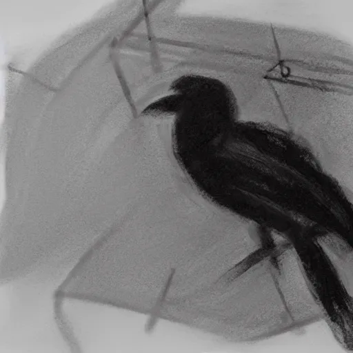 Image similar to an abstract rough charcoal sketch of a bird in a bird in a cage, black and white