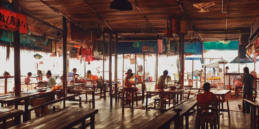 Image similar to interior of a kopitiam at pulau indah fishing village, near a jetty, early morning, hyperrealistic, detailed, low angle view, telephoto lens, bokeh, studio ghibli, artstation