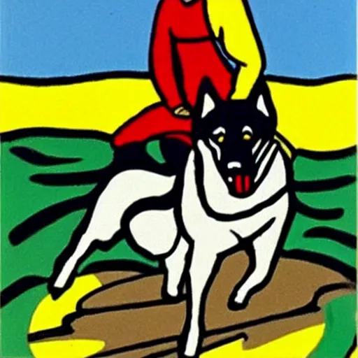 Image similar to Painting by Roy Lichtenstein of a german shepherd riding a horse 8k