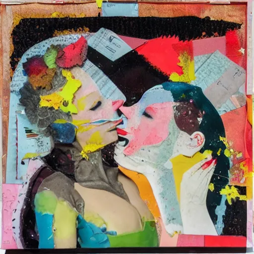 Prompt: two women kissing at a recursive carnival, mixed media collage, retro, paper collage, magazine collage, acrylic paint splatters, bauhaus, claymation, layered paper art, sapphic visual poetry expressing the utmost of desires by jackson pollock