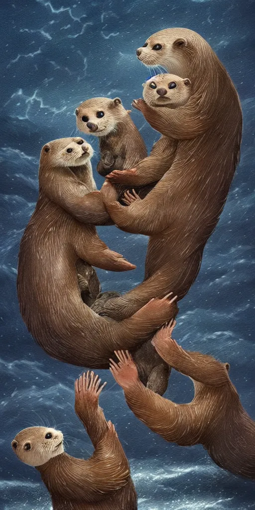 Prompt: family of adorable otters falling in love holding hands side by side, all alone in the middle of a scary storm at sea, fantasy illustration, cinematic, award winning, romantic, detailed trending on artstation, masterpiece