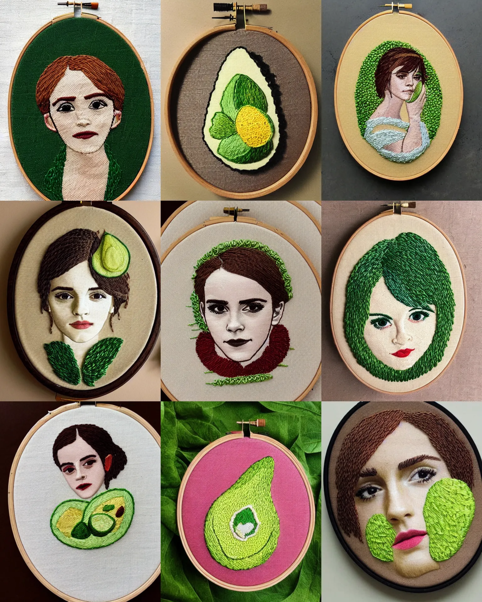 Prompt: a beautiful handmade embroidery of emma watson as an avocado