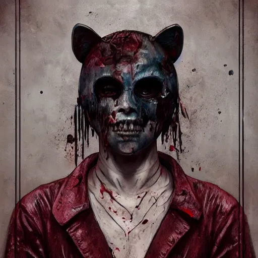 Image similar to portrait painting of a bloodied serial killer wearing a hello kitty mask, ultra realistic, concept art, intricate details, eerie, highly detailed, photorealistic, octane render, 8 k, unreal engine. art by artgerm and greg rutkowski and alphonse mucha