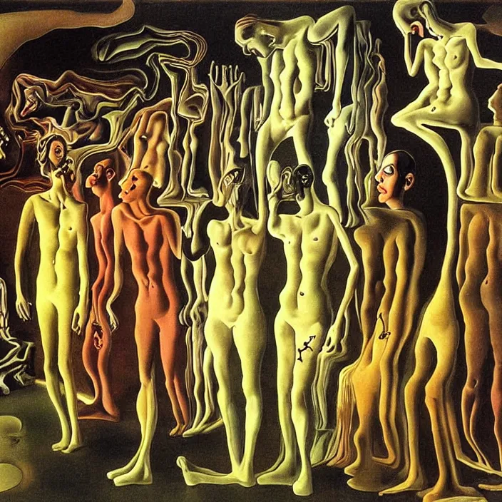 Prompt: a group of characters crying in a surreal environment by salvador dali, highly detailed