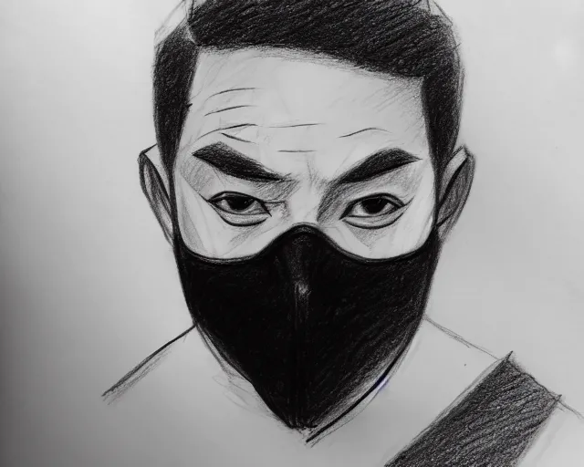 Image similar to draft drawing of a european man covering face with mask, a sketch by choro choi, thin stroke, trending on artstation, context art, pencil sketch, high detail