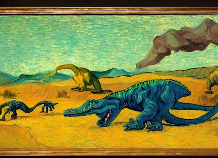 Image similar to painting of the extinction of the dinosaurs with asteroid and fire, in the style of edward hopper and vincent van gogh, dramatic lighting at dusk