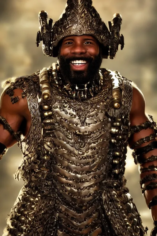 Image similar to portrait of a young African American rugged young man, thick black beard, big muscles, big smile. intricate bronze armour decorated with with gems. Engraved with a tree. cinematic lighting, highly detailed, full body shot. Movie poster.