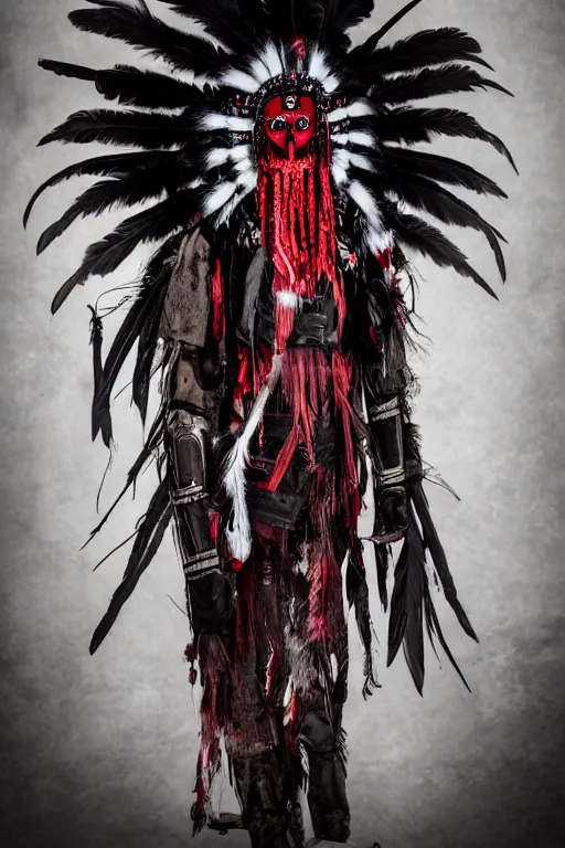 Image similar to the ghost - spirit of the grim - warpaint wears the scarlet skull armor and native blood headdress feathers, midnight fog - mist!, cinematic lighting, various refining methods, micro macro autofocus, ultra definition, award winning photo