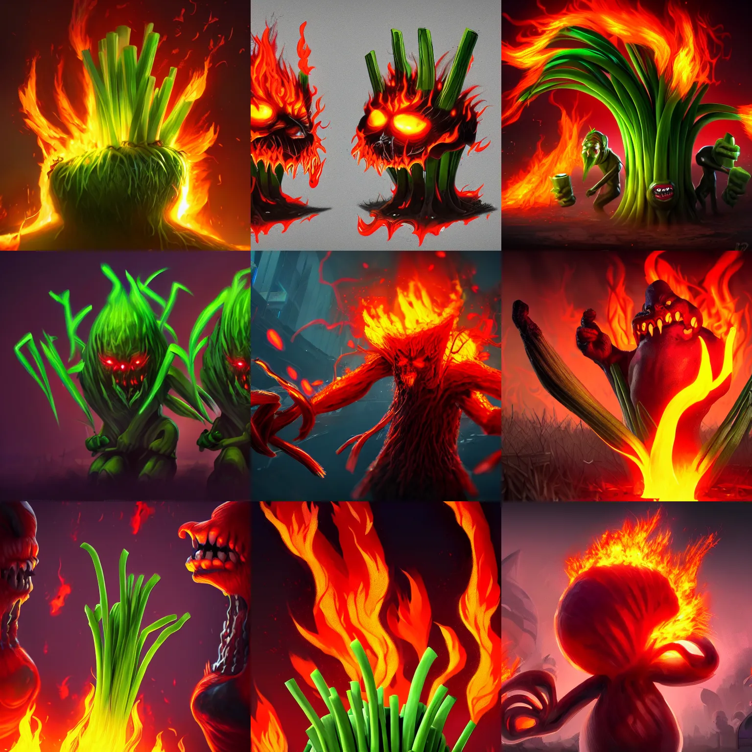 Prompt: monstrous spring onions killing humans, evil faces, flames, dark colors, concept art, trending on artstation, detailed, 8 k hd