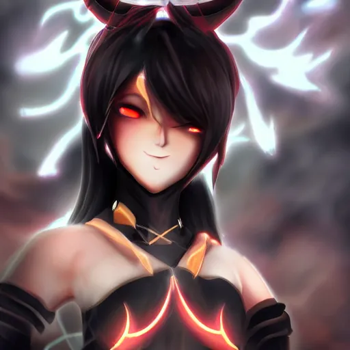 Image similar to portrait focus of a very hot!!! demon 3D anime girl, Obsidian armor wearing, dark volcano background, ash falling, {perfect face}, bokeh, inspired by Masami Kurumada, digital painting, high contrast, unreal engine render, volumetric lighting, high détail