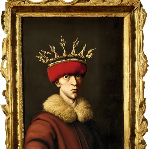 Image similar to renaissance style portrait of an alpine chamois wearing a crown and a cape, dark background