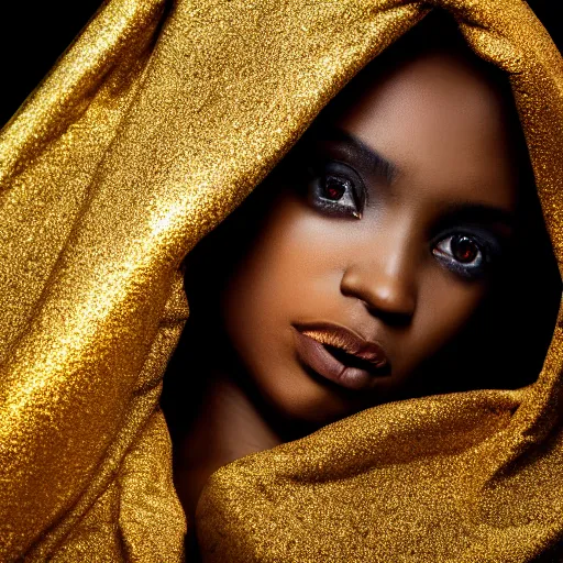 Image similar to a portrait of a young black woman wearing a long dark cloak, hood and shadows covering face, wearing shiny gold, oil painting, matte painting, black background, Volumetric Golden dappled dynamic lighting, Highly Detailed, Cinematic Lighting, Unreal Engine, 8k, HD, by Beksinski