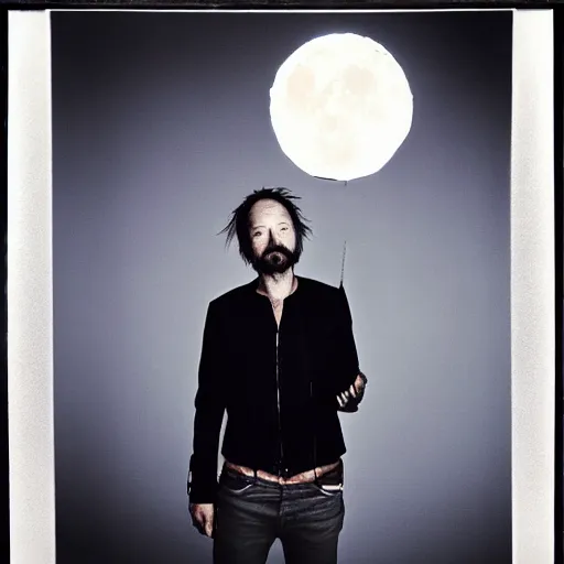 Prompt: Radiohead singer, holding the moon upon a stick, with a beard and a black jacket, a portrait by John E. Berninger, dribble, neo-expressionism, uhd image, studio portrait, 1990s