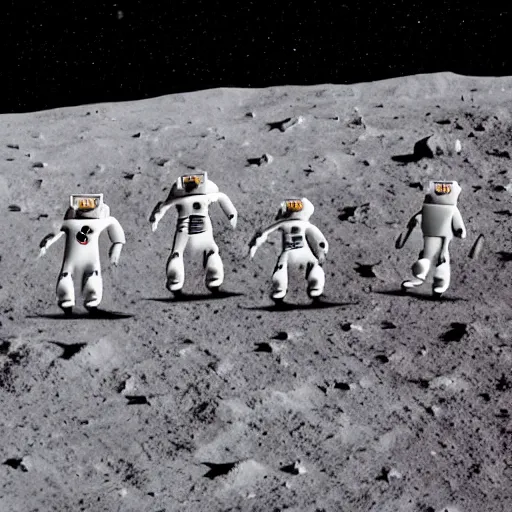 Prompt: a group of robots on the moon playing ultimate frisbee