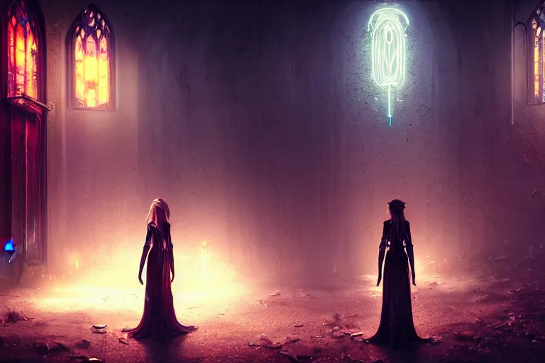 Image similar to an ultra realistic, cinematic, fantasy, painting, of an elden ring elf, fairy lights, facial features, stood outside an abandoned church, with futuristic buildings and neon signs, detailed, deep focus, movie still, dramatic lighting, ray tracing, by michal karcz and yoshitaka amano