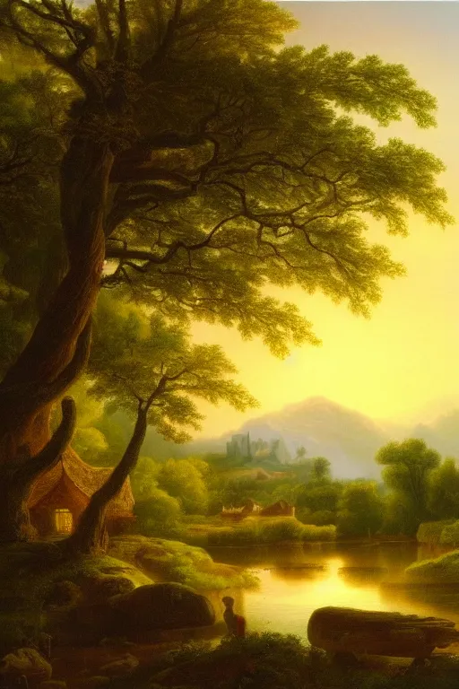 Image similar to fantasy landscape with cottage in a forest, calm serene atmosphere, in the style of hudson river school