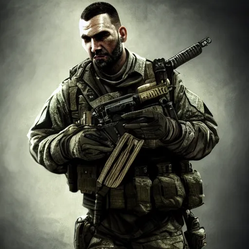 Image similar to a portrait of a soap mactavish ,call of duty, military , game concept art, illustration, HDR, natural light, shoulder level shot, dynamic pose, award winning photograph, Mucha style 4k,