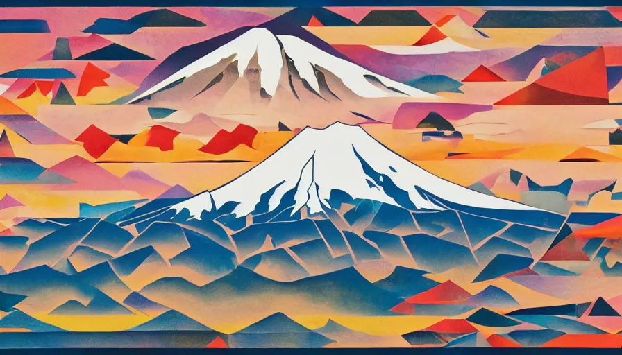 Prompt: award winning graphic design poster, cutouts constructing an contemporary art depicting a lone mount fuji in the distance behind a mountain range isolated on white, rural splendor, and bountiful crafts, local foods, edgy and eccentric abstract cubist realism, composition confined and isolated on white, mixed media painting by Leslie David and Lisa Frank for juxtapose magazine