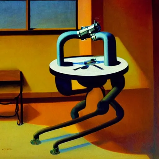 Image similar to mad scientist at a control panel programming a wacky robot in a gyroscope, grant wood, pj crook, edward hopper, oil on canvas