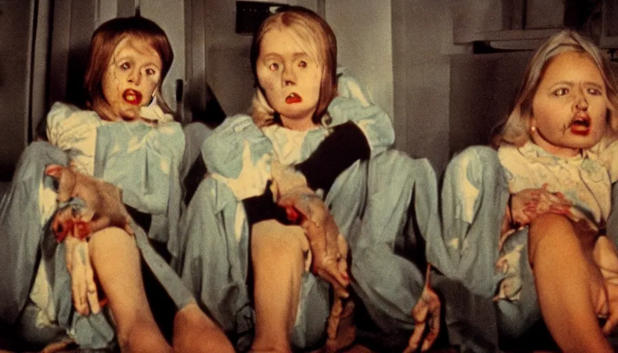 Image similar to 7 0 s film still from a horror movie featuring adult conjoined twins, kodachrome, cinecolor, cinestill, photorealism, cinematic, film grain, film texture, vhs recording