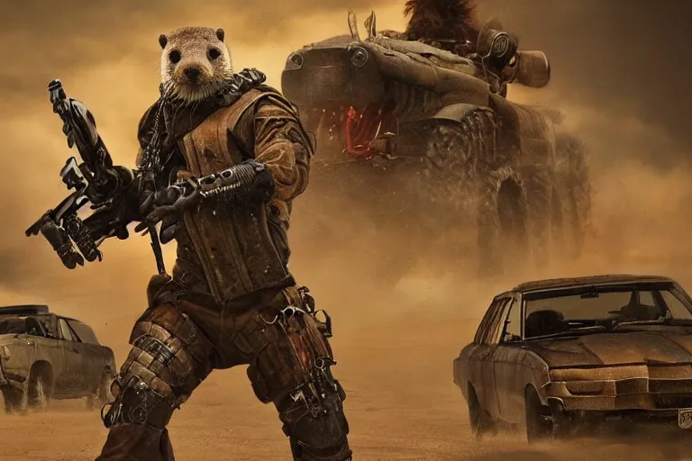 Image similar to a good ol'otter fursona ( from the furry fandom ), heavily armed and armored facing down armageddon in a dark and gritty version from the makers of mad max : fury road. witness me.