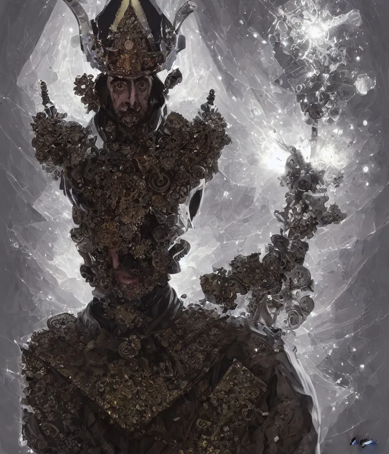 Image similar to front!!! shot of a court jester!!! character, mesmerizing fractal hypercubes, platinum cracked, dark holography!!!, future, metallic galactic, crystalline edges, polygonal, elegant, highly detailed, centered, (((artstation, concept art, jagged, sharp focus, artgerm, Tomasz Alen Kopera, Peter Mohrbacher, donato giancola, Joseph Christian Leyendecker, WLOP, Boris Vallejo))), ((raytracing)), mugshot!!!!!, ugly!!!!!!, octane render, nvidia raytracing demo, octane render, nvidia raytracing demo, octane render, nvidia raytracing demo, 8K, cinematic, masterpiece, fine portrait