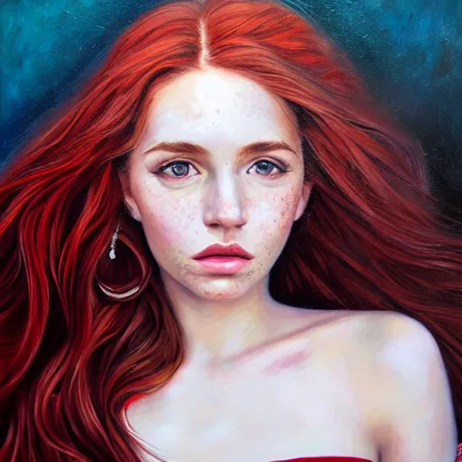 Image similar to beautiful girl, long wavy hair, small nose, freckles, red hair, portrait, photorealistic oil painting, highly detailed, pretty woman, attractive, black dress, tight dress