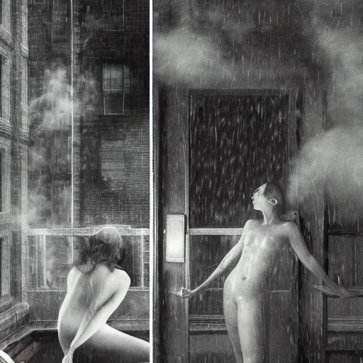 Image similar to a woman, moment, 1 9 3 0 s decopunk penthouse balcony, rain and smoke, tech noir, wet skin, atmospheric, ambient, rupert everton, alexis flower, hopper, wlop, livia prima,