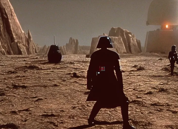 Prompt: screenshot from the iconic scene from the lost star wars 1980s film directed by David Lynch, cinematic lighting, unsettling set design with extreme detail, moody cinematography, with anamorphic lenses, crisp, detailed, 4k image