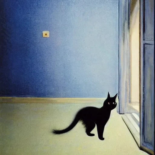 Prompt: a black winged cat in a blue and gold haunted liminal abandoned room, film still by edward hopper, by gottfried helnwein, by klimt, art noveau, highly detailed, strong lights, liminal, eerie, bright pastel colors,