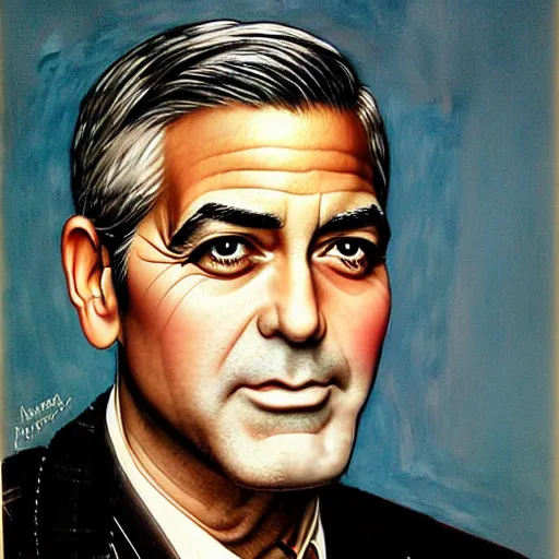 Prompt: George Clooney, highly detailed illustration, portrait painting by Norman Rockwell