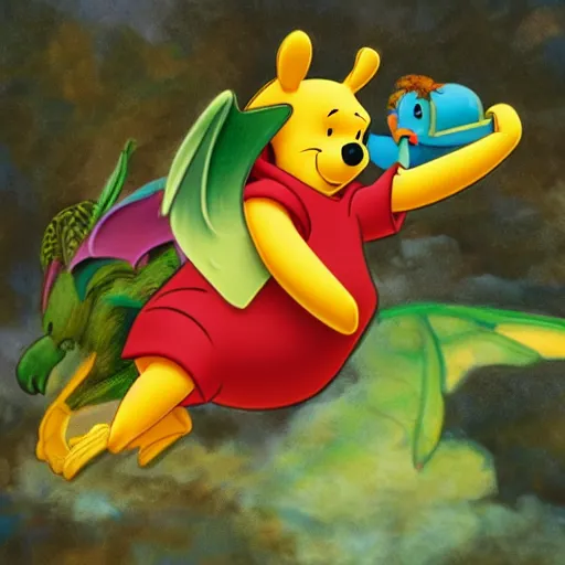 Image similar to Winnie the Pooh riding a flying parakeet dragon, the wings are made of pizza, budgie bird, high resolution photo