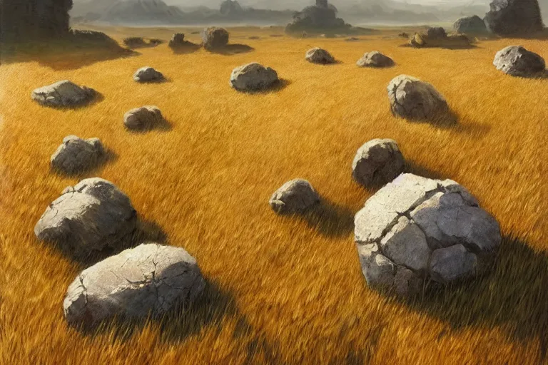 Prompt: uncanny rocks floating over a wheat field, hard light and long shadows, afternoon sunshine, detailed digital art by artgerm and WLOP, Greg Rutkowski, Felix Kelly, Detailed Digital Art, dynamic lighting, Highly Detailed, Cinematic Lighting, 8k, HD