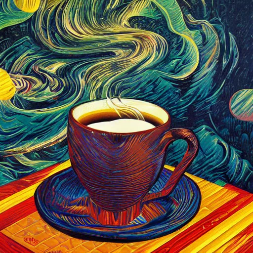 Prompt: A cup of coffee by Dan Mumford and Umberto Boccioni, oil on canvas