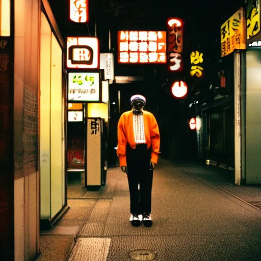 Image similar to old black man in tokyo at night, wearing ski goggles, cinestill 8 0 0,