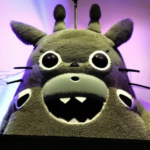 Image similar to totoro animatronic on a stage with spotlights