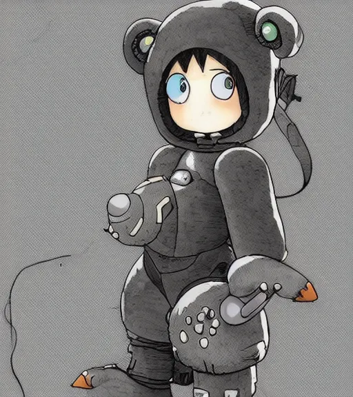 Image similar to beautiful little boy wearing an cyborg bear suit, artwork in kentaro miura and made in abyss and sakimichan, inspired in super bomberman, smooth, beautiful lightness, anatomically correct, trending on pixiv, space