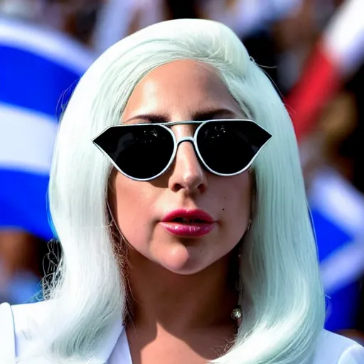 Image similar to Lady Gaga as president, Argentina presidential rally, Argentine flags behind, bokeh, giving a speech, detailed face, Argentina