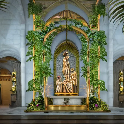 Prompt: cathedral interior with koi pond in the middle surrounded by palm trees, ivy, flowers, tropical plants, neon glow, gold lining, glossy gold statue, roses, and with archways. style leonardo + year 1 8 2 5, two men, rendered in octane render with photorealistic lighting