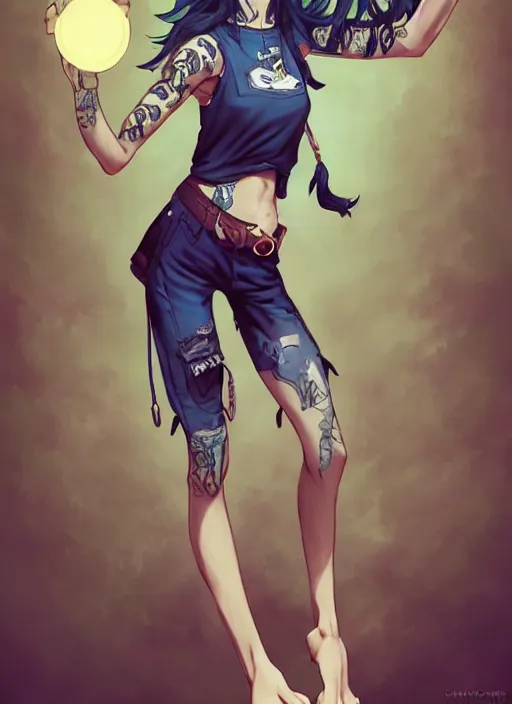 Prompt: character portrait of a anthro opossum girl fursona wearing a tanktop and shorts with arm tattoos. Character design by charlie bowater, ross tran, artgerm, and makoto shinkai, detailed, inked, western comic book art