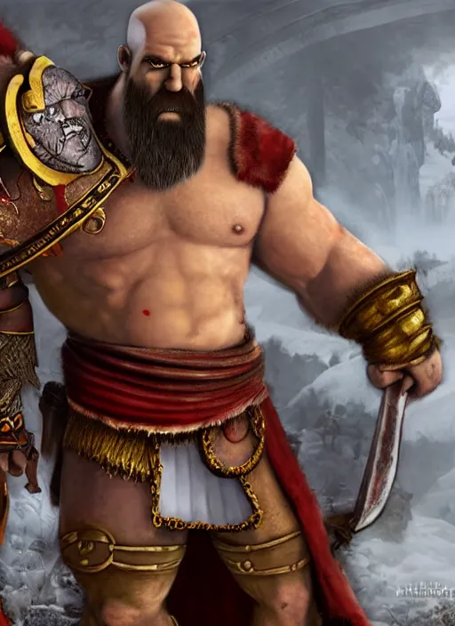 Image similar to painted white Homer Simpson depicted as Kratos God of War, high detailed official artwork