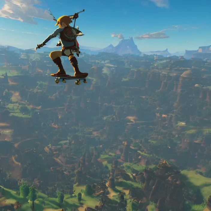 Image similar to Tony Hawk in The Legend of Zelda Breath of the Wild, detailed screenshot